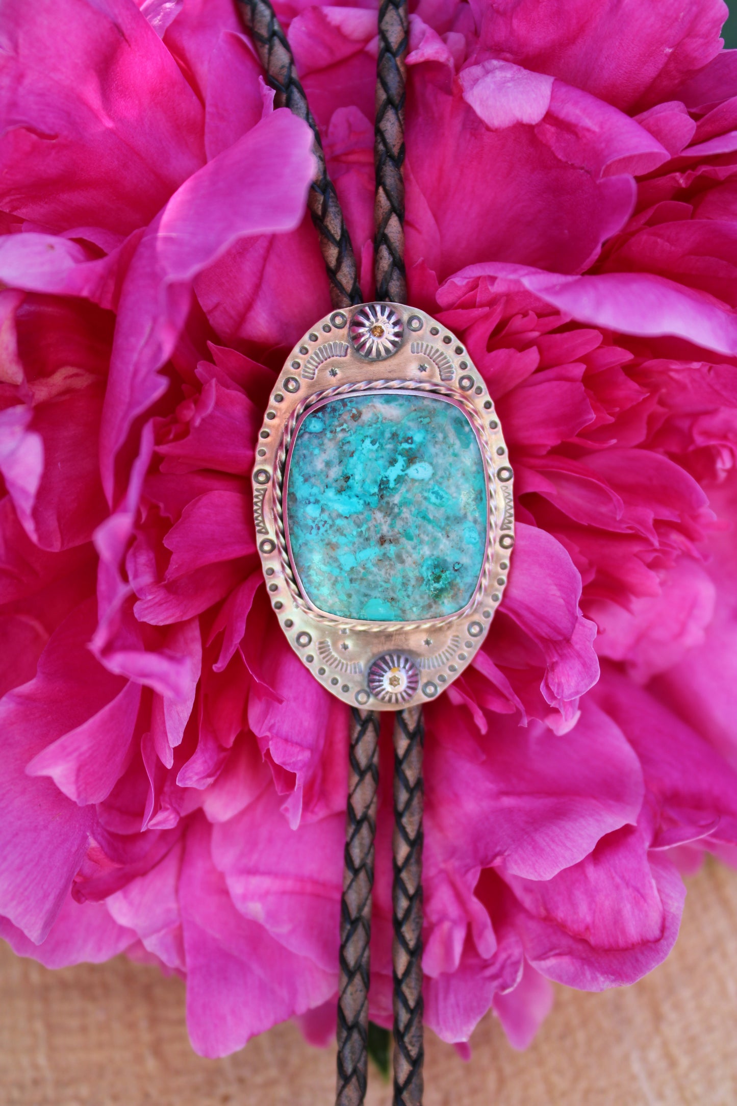 Chrysacolla Bolo Tie with Opal Tips