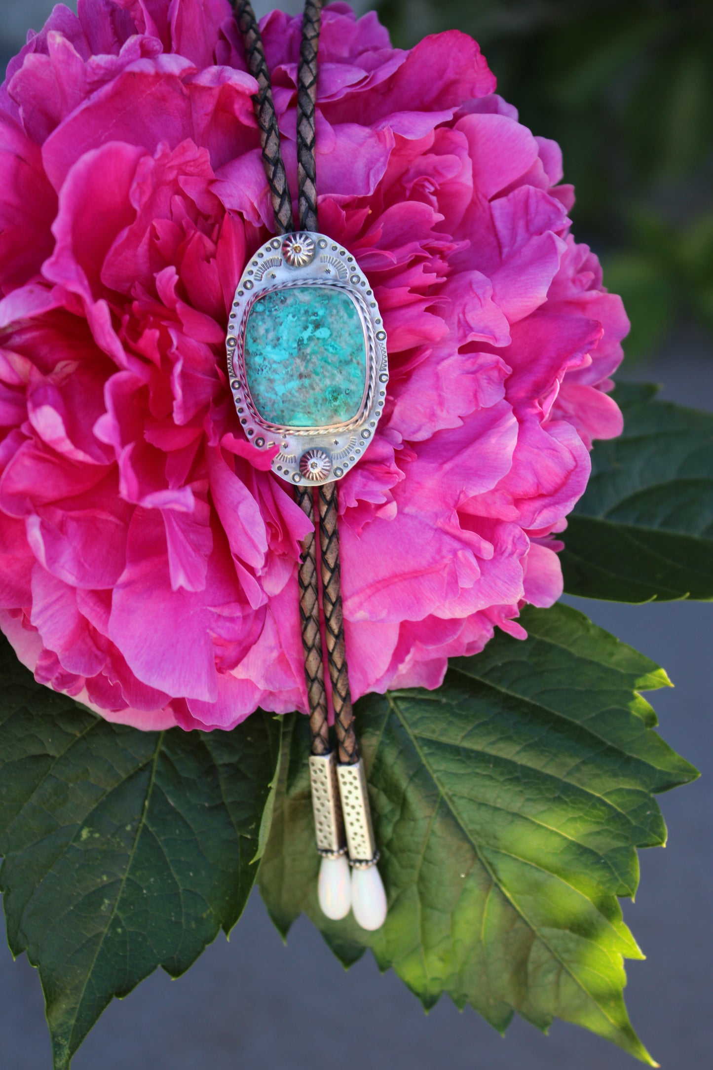 Chrysacolla Bolo Tie with Opal Tips