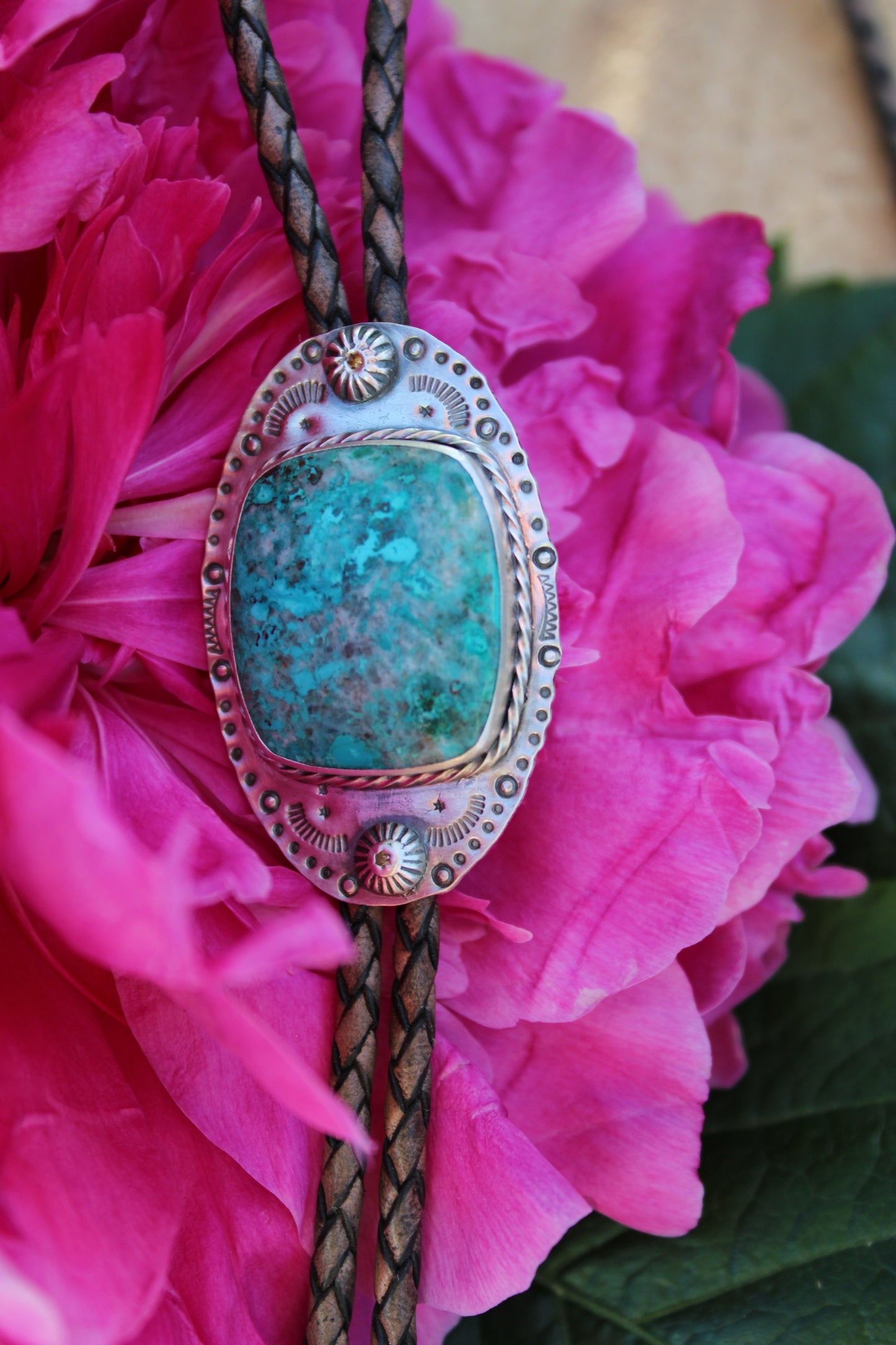 Chrysacolla Bolo Tie with Opal Tips