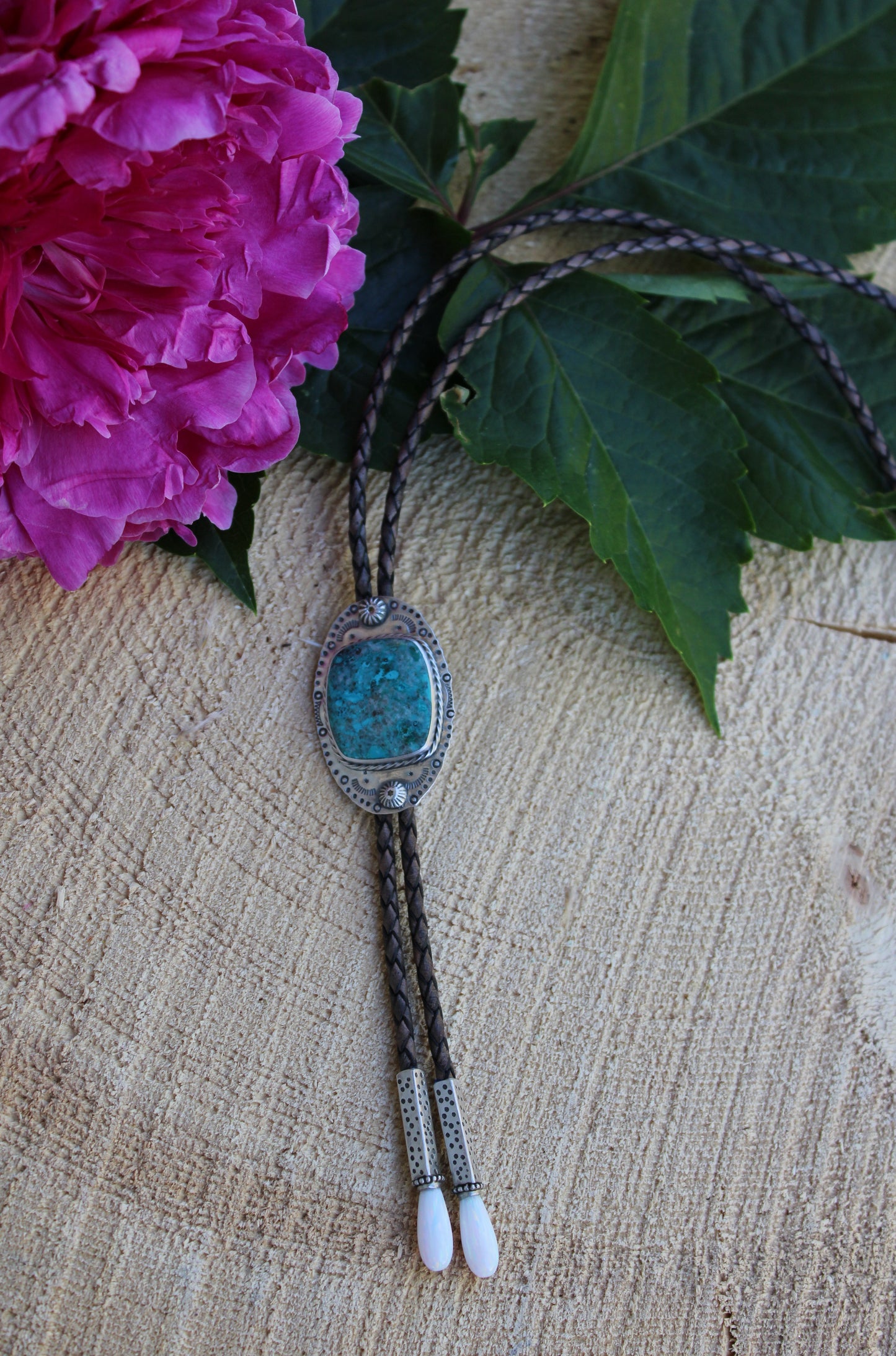Chrysacolla Bolo Tie with Opal Tips