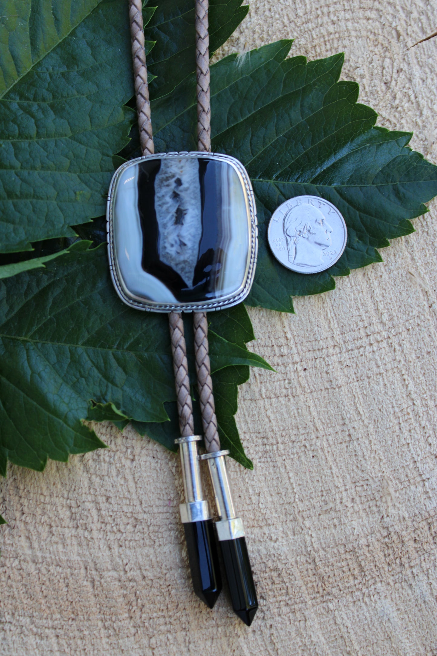 Tuxedo Agate Bolo Tie with Onyx Tips
