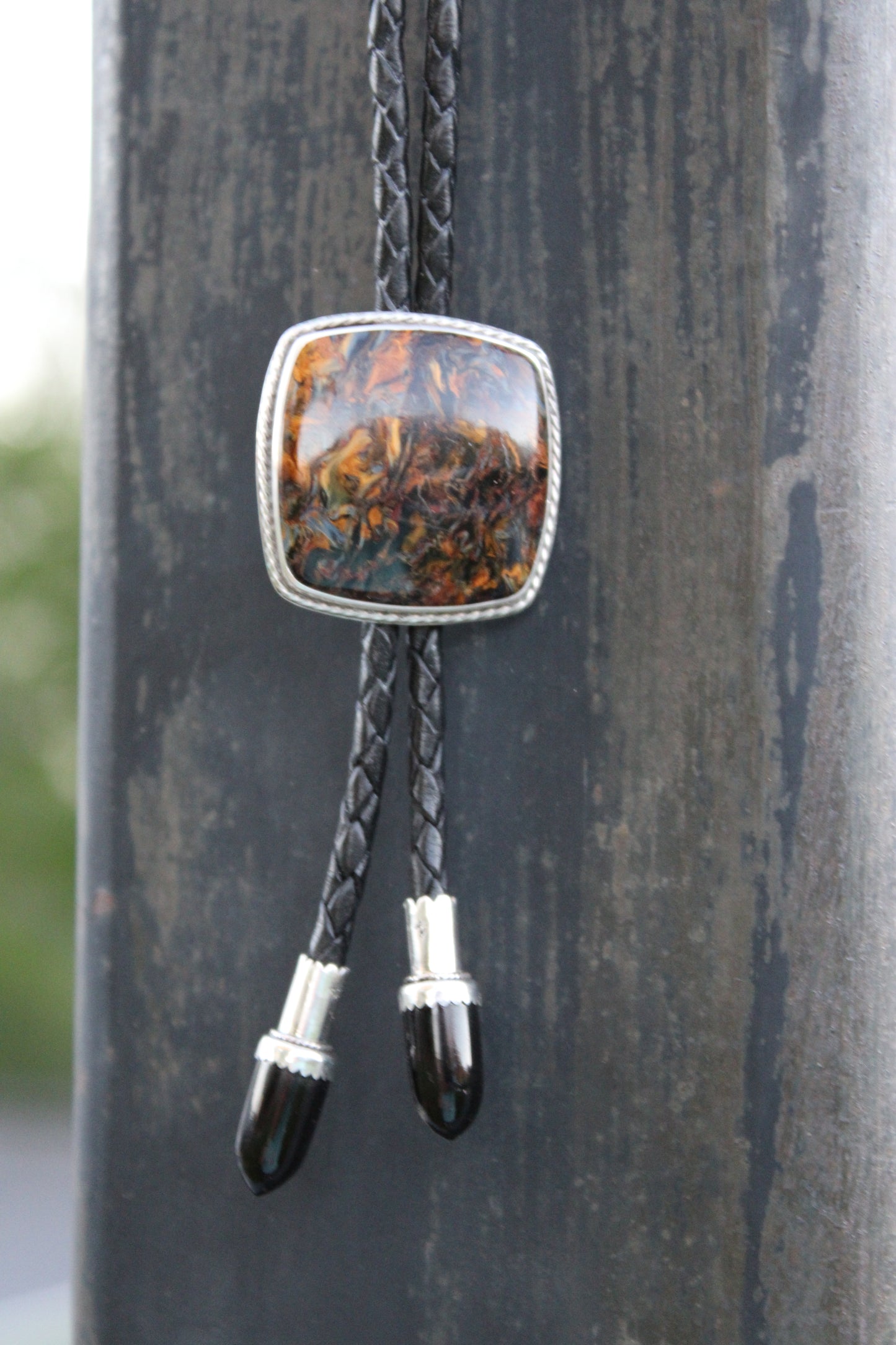 Pietersite Bolo Tie with Onyx Tips